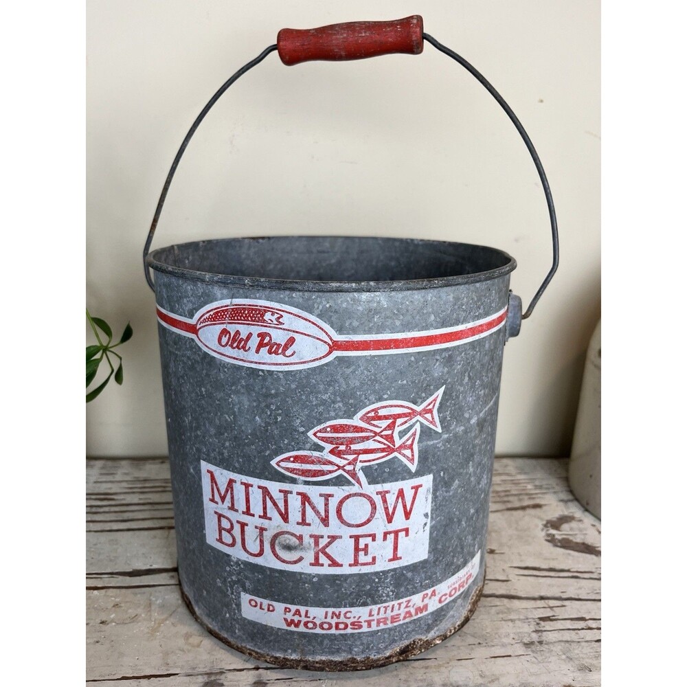 Vintage Old Pal Woodstream Floating Metal Minnow Bucket Fishing Tackle Box Lure